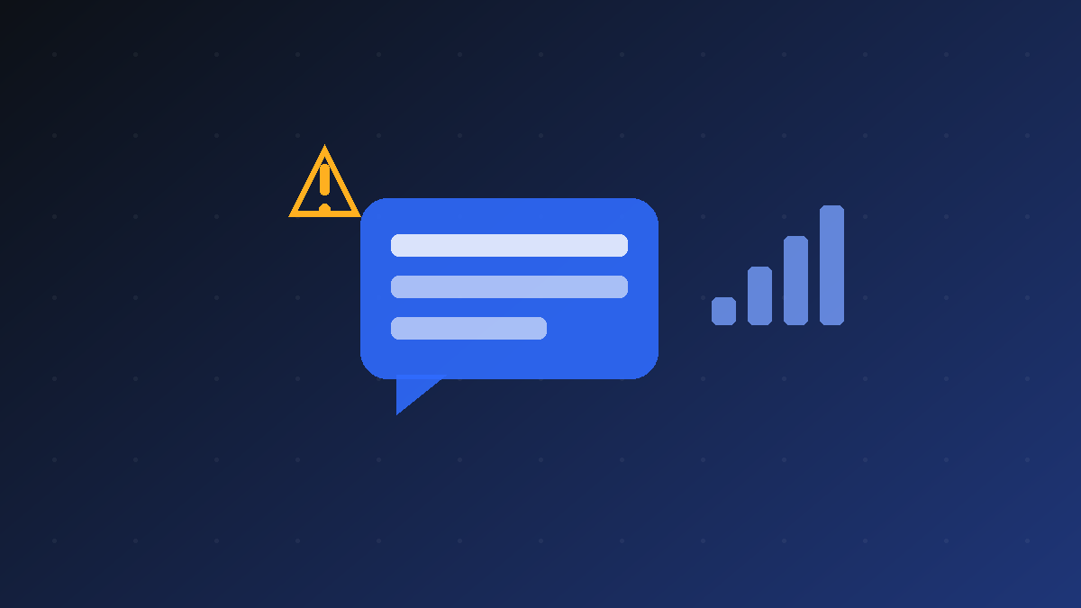 Abstract illustration of a chat bubble and signal bars with a warning triangle representing the Carrier Services keeps stopping error