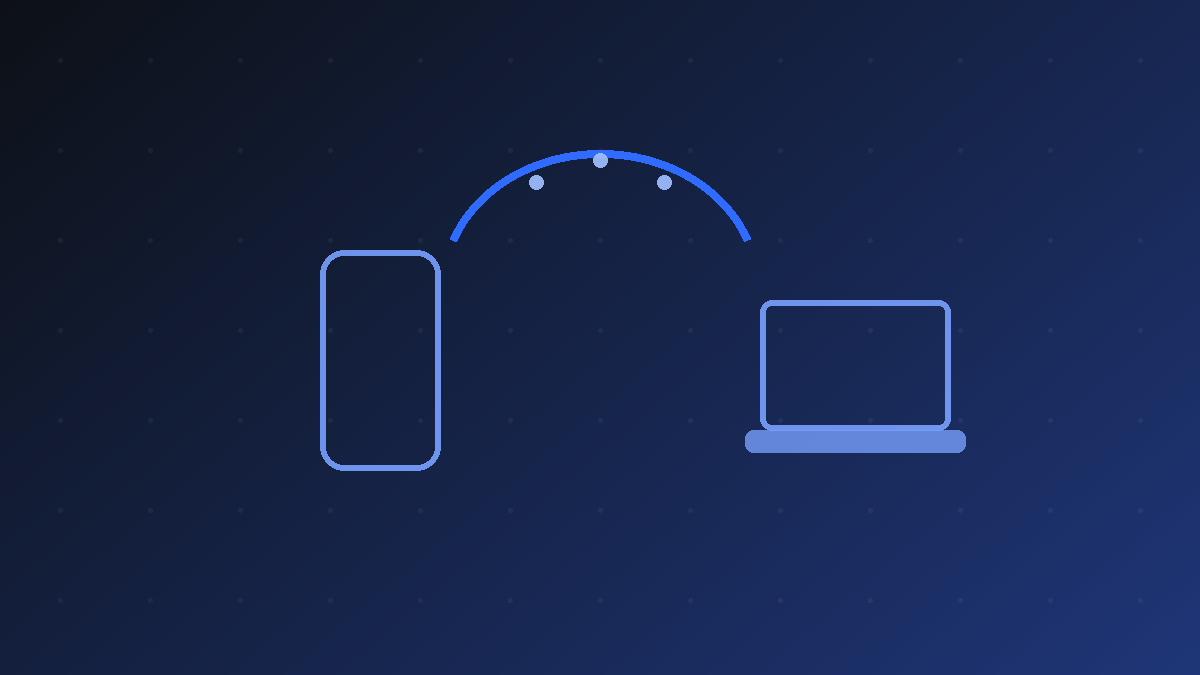 Abstract illustration of two devices with a handoff arc between them representing the iPhone rapportd Continuity service